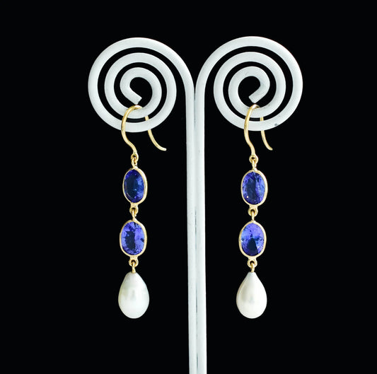 18K gold drop earrings with tanzanite and teardrop pearl