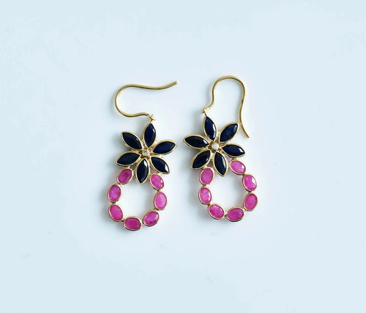 18K gold cluster earrings with blue sapphire flower and ruby wreath