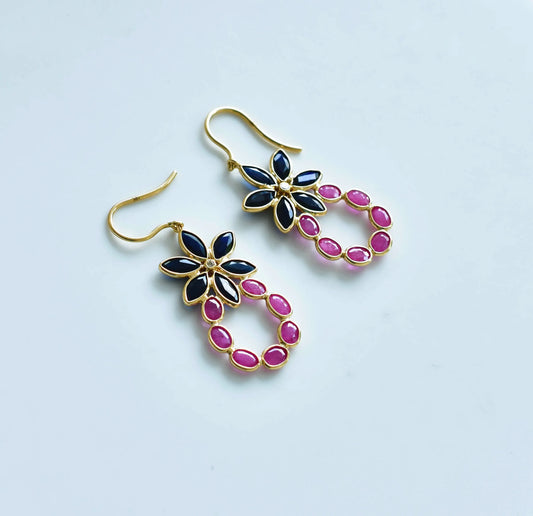 18K gold cluster earrings with blue sapphire flower and ruby wreath