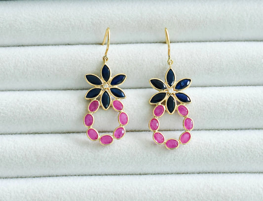 18K gold cluster earrings with blue sapphire flower and ruby wreath