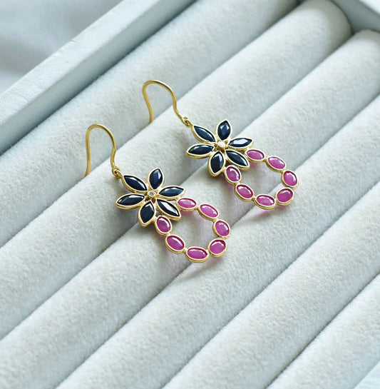 18K gold cluster earrings with blue sapphire flower and ruby wreath