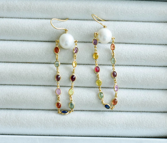 18K gold dangle earrings with pearls and multi-color sapphire accents
