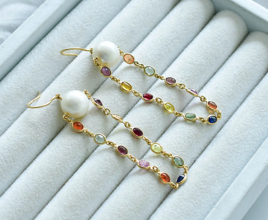 18K gold dangle earrings with pearls and multi-color sapphire accents