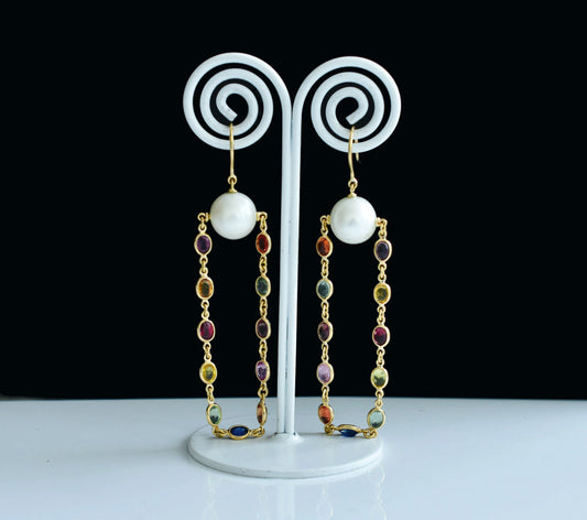18K gold dangle earrings with pearls and multi-color sapphire accents