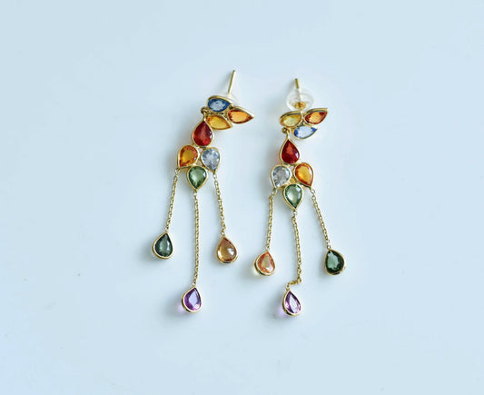 18K gold chain drop earrings with pear-cut multi-color sapphires