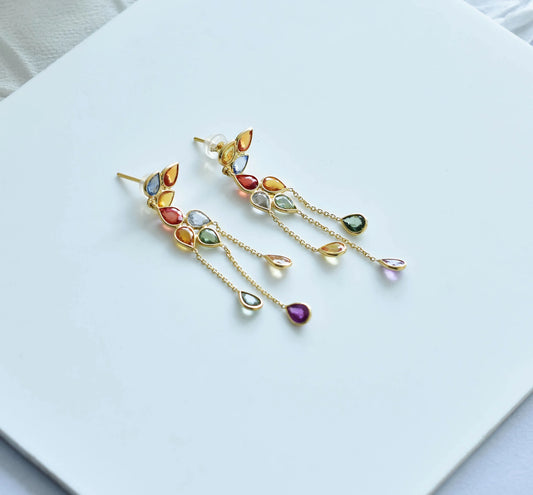18K gold chain drop earrings with pear-cut multi-color sapphires