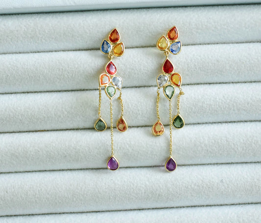 18K gold chain drop earrings with pear-cut multi-color sapphires