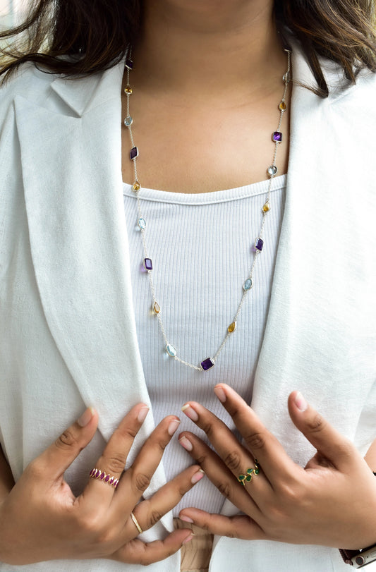 Multi Gemstone Bezel Chain Necklace in Silver – Purple, Blue & Gold Statement Jewelry