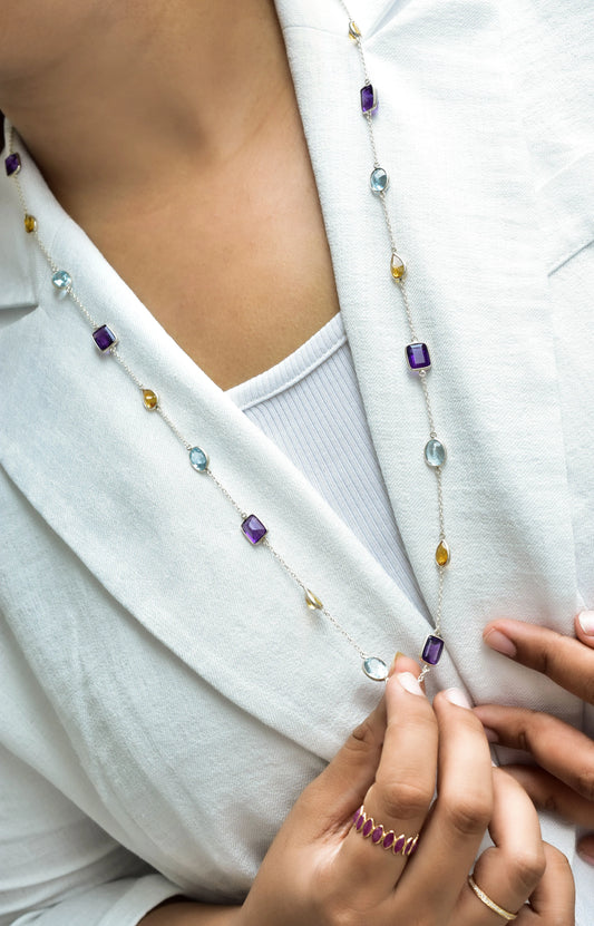Multi Gemstone Bezel Chain Necklace in Silver – Purple, Blue & Gold Statement Jewelry