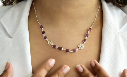 Natural Ruby Station Necklace in Silver – Handmade Medallion Charm Statement Jewelry