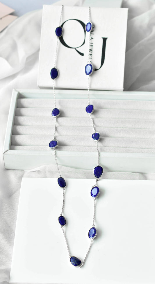 Natural Lapis Lazuli Bezel Chain Necklace in Silver – Handmade Statement Gemstone Jewelry