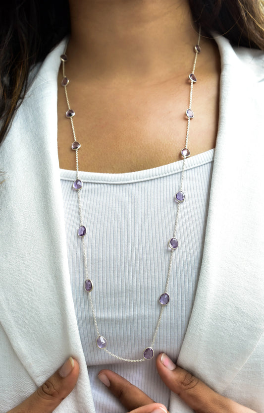 Amethyst Gemstone Chain Necklace in Silver – Handmade By-the-Yard Design with Drop