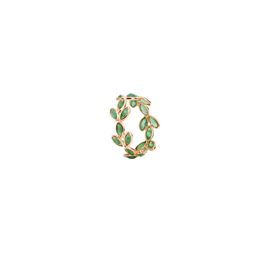 18K gold eternity ring with marquise-cut emeralds in a floral vine design