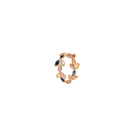 18K gold ring with marquise-cut rainbow sapphires in a leaf and vine motif