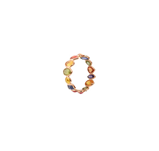 18K gold eternity ring with mixed-cut rainbow sapphire stones