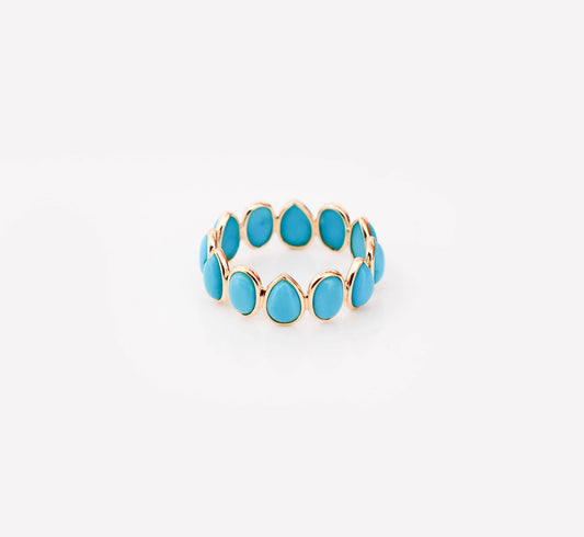 18K gold eternity ring with bezel-set pear and oval turquoise cabochons