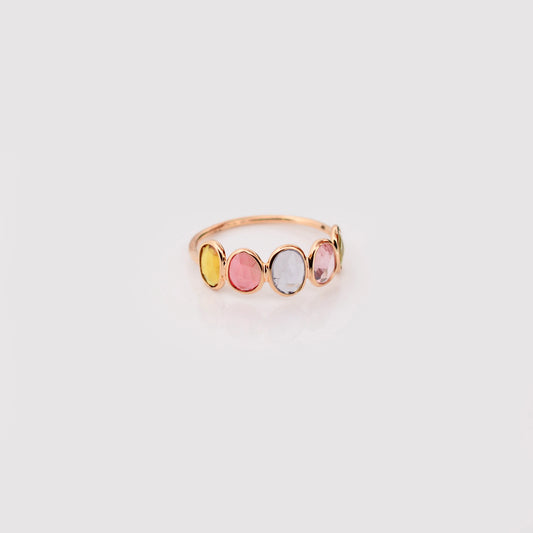 18K gold five stone ring with bezel-set multicolor sapphires