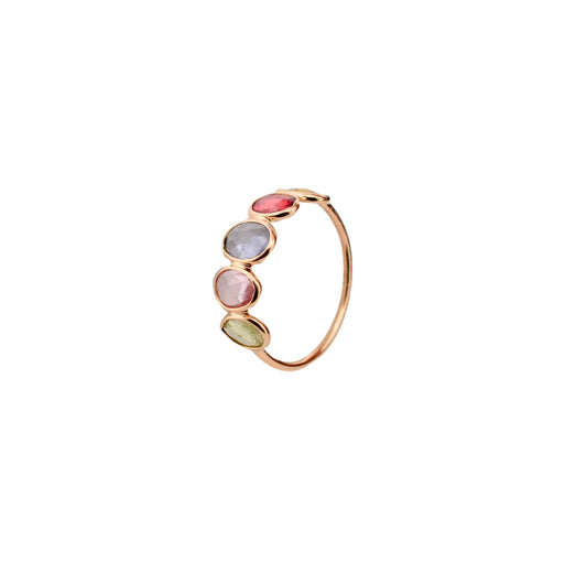 18K gold five stone ring with bezel-set multicolor sapphires