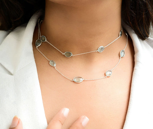 Natural Aquamarine Bezel Chain Necklace in Silver – Handmade Statement Gemstone Jewelry