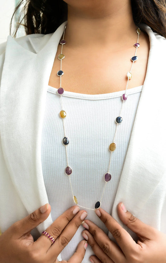 Natural Multi Sapphire Bezel Chain Necklace in Silver – Handmade Statement Gemstone Jewelry