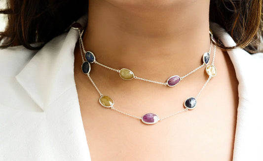 Natural Multi Sapphire Bezel Chain Necklace in Silver – Handmade Statement Gemstone Jewelry