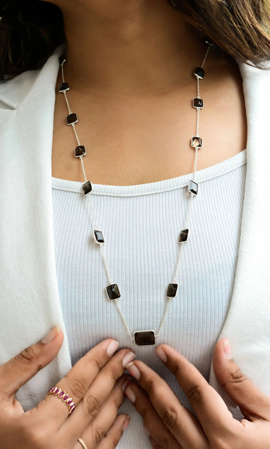 Natural Smoky Quartz Bezel Chain Necklace in Silver – Handmade Statement Gemstone Jewelry