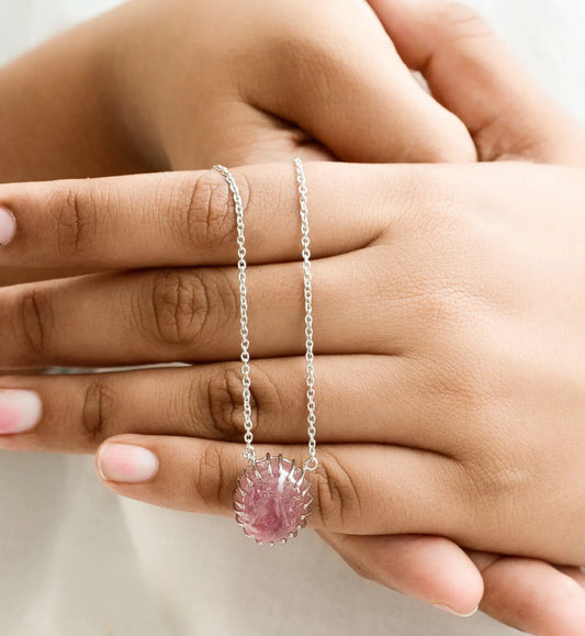 Natural Pink Tourmaline Cabochon Pendant Necklace in Silver – Handmade Statement Gemstone Jewelry