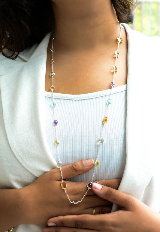 Genuine Multi Gemstone Mixed Shape Bib Necklace in Silver – Handmade Rainbow Statement Jewelry