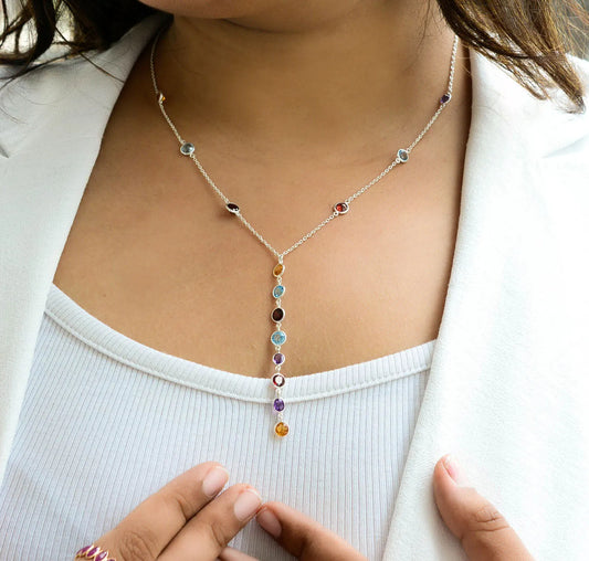 Genuine Multi Gemstone Cluster Chain Necklace in Silver – Handmade Colorful Statement Jewelry