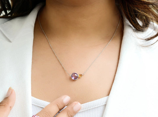 Natural Amethyst and Citrine Toi et Moi Necklace in Silver – Handmade Two Stone Jewelry