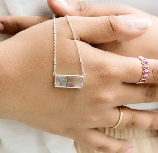 Two-Stone Gemstone Bar Pendant Necklace in Silver – Handmade Minimal Design