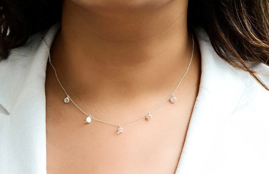 Rainbow Moonstone Station Necklace in Silver – Handmade Bezel Dangle
