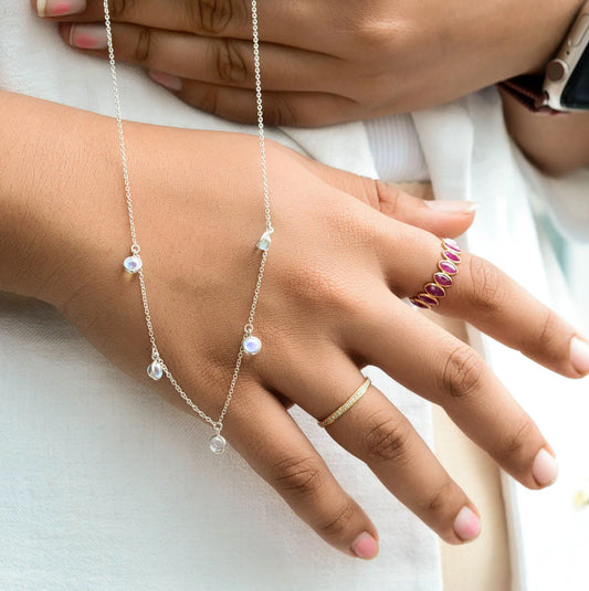 Rainbow Moonstone Station Necklace in Silver – Handmade Bezel Dangle