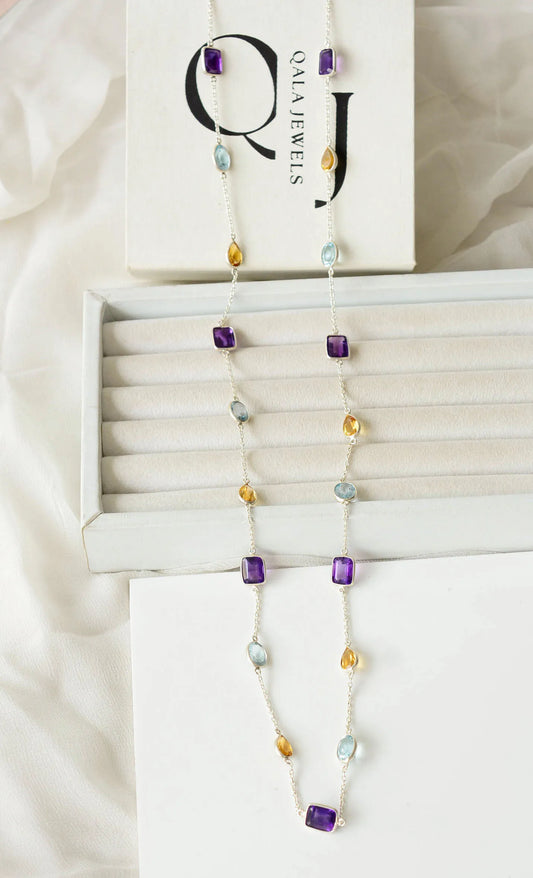 Multi Gemstone Bezel Chain Necklace in Silver – Purple, Blue & Gold Statement Jewelry