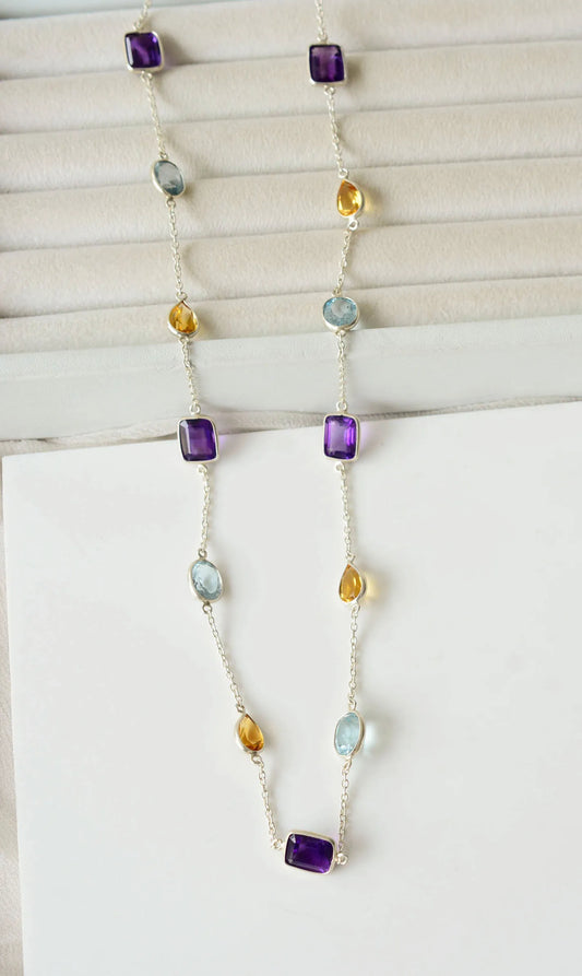 Multi Gemstone Bezel Chain Necklace in Silver – Purple, Blue & Gold Statement Jewelry