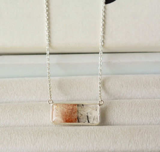 Two-Stone Gemstone Bar Pendant Necklace in Silver – Handmade Minimal Design