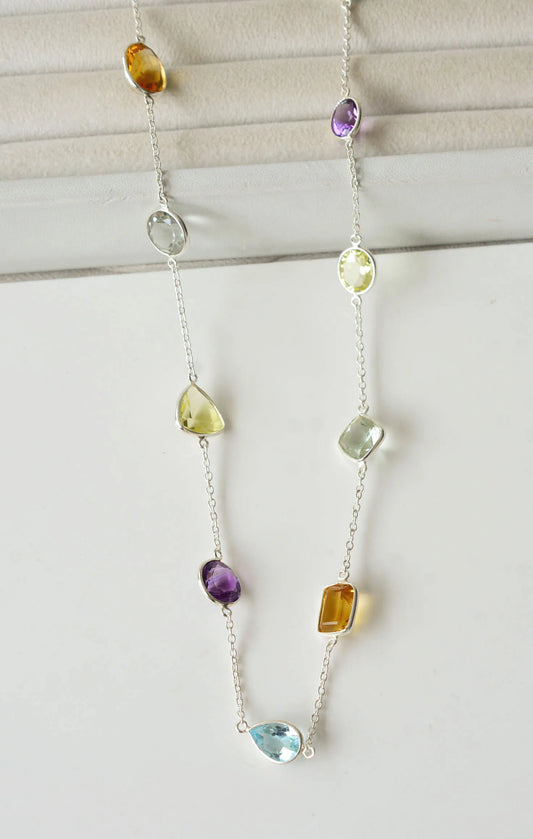 Genuine Multi Gemstone Mixed Shape Bib Necklace in Silver – Handmade Rainbow Statement Jewelry