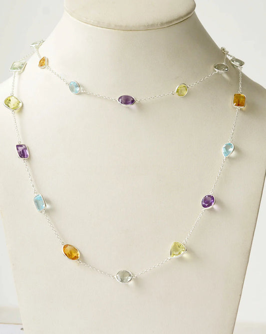 Genuine Multi Gemstone Mixed Shape Bib Necklace in Silver – Handmade Rainbow Statement Jewelry
