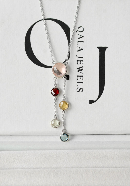 Rose Quartz Multi Gemstone Bezel Set Necklace in Silver – Handmade Statement Chain Jewelry
