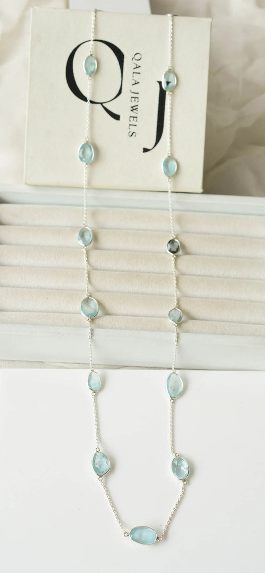 Natural Aquamarine Bezel Chain Necklace in Silver – Handmade Statement Gemstone Jewelry