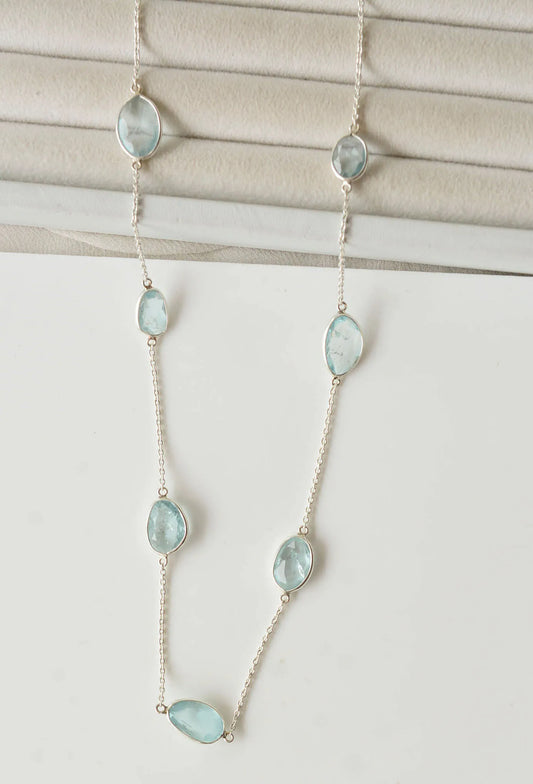 Natural Aquamarine Bezel Chain Necklace in Silver – Handmade Statement Gemstone Jewelry