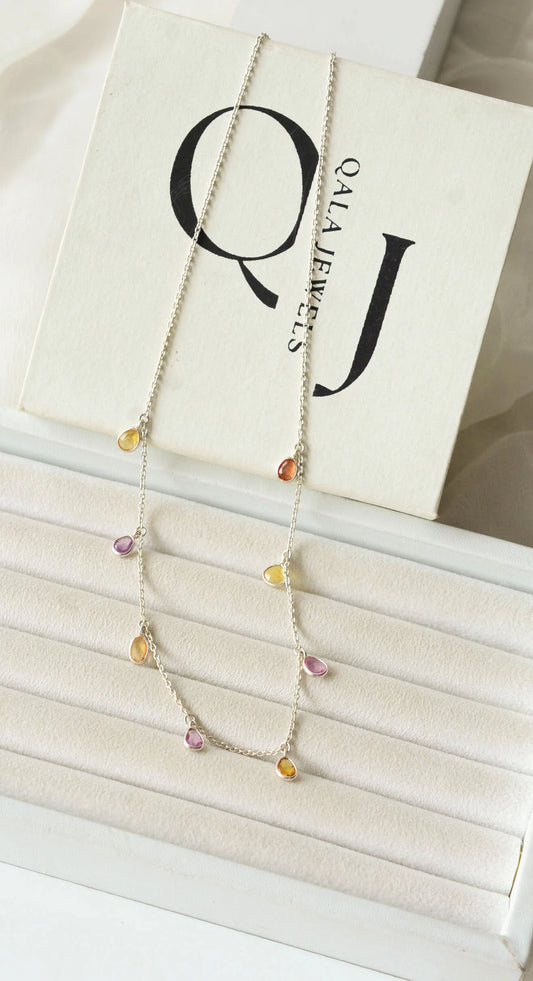 Natural Multi Sapphire Station Necklace in Silver – Handmade Dangle Statement Jewelry