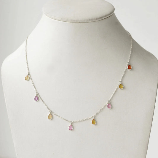 Natural Multi Sapphire Station Necklace in Silver – Handmade Dangle Statement Jewelry