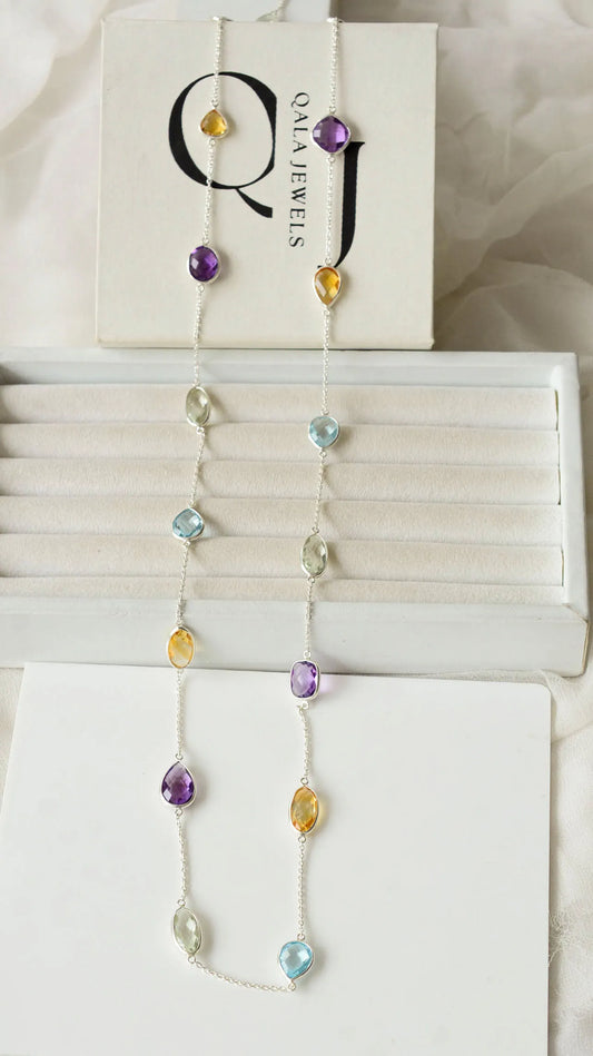 Genuine Multi Gemstone Bezel Chain Necklace in Silver – Handmade Statement Rainbow Jewelry