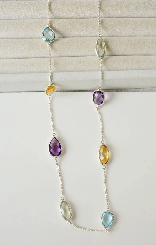 Genuine Multi Gemstone Bezel Chain Necklace in Silver – Handmade Statement Rainbow Jewelry
