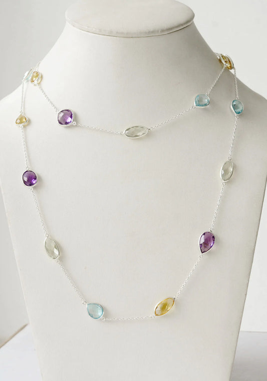 Genuine Multi Gemstone Bezel Chain Necklace in Silver – Handmade Statement Rainbow Jewelry