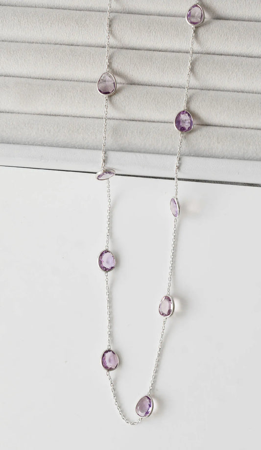 Amethyst Gemstone Chain Necklace in Silver – Handmade By-the-Yard Design with Drop