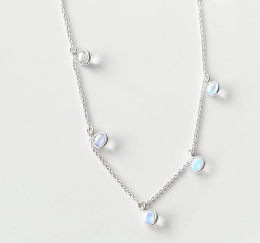 Rainbow Moonstone Station Necklace in Silver – Handmade Bezel Dangle