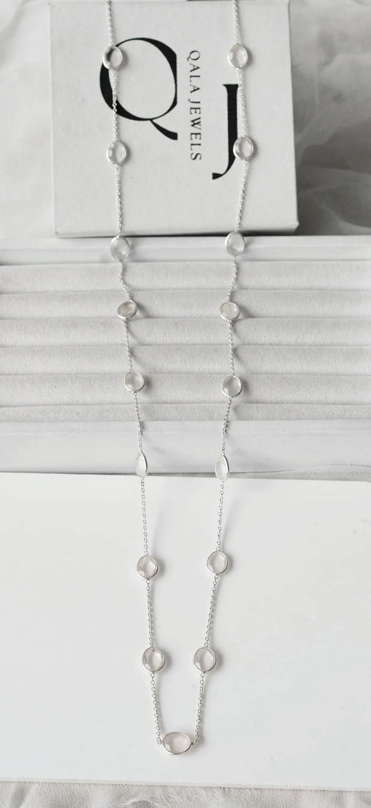 Natural Rose Quartz Bezel Chain Necklace in Silver – Handmade Statement Gemstone Jewelry