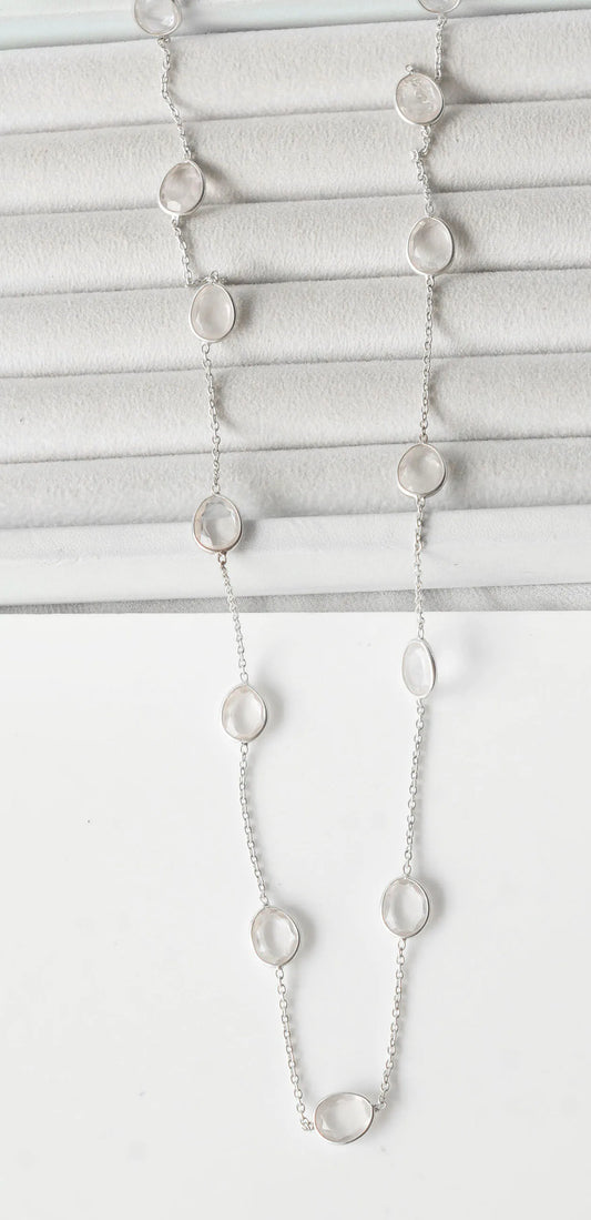 Natural Rose Quartz Bezel Chain Necklace in Silver – Handmade Statement Gemstone Jewelry